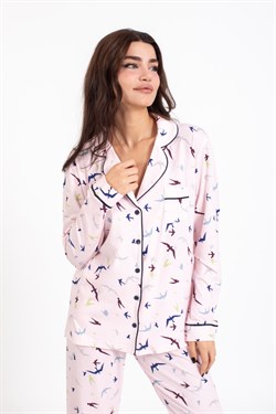 Vs Bayan Desenli Penye U.Kol Pijama Takım pembe/kuş desenli