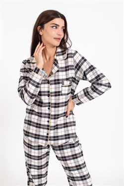Vs Bayan Ekose Flanel U.Kol Pijama Takım siyah/bej beyaz ekose